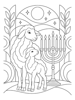 A peaceful hanukkah coloring page featuring a mother sheep and her lamb beside a lit menorah under a night sky.