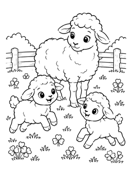A sweet sheep coloring page featuring a fluffy ewe watching two lambs play in a meadow.