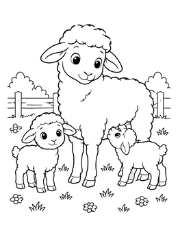 A fluffy mother ewe stands with two cute lambs on this sheep coloring page.