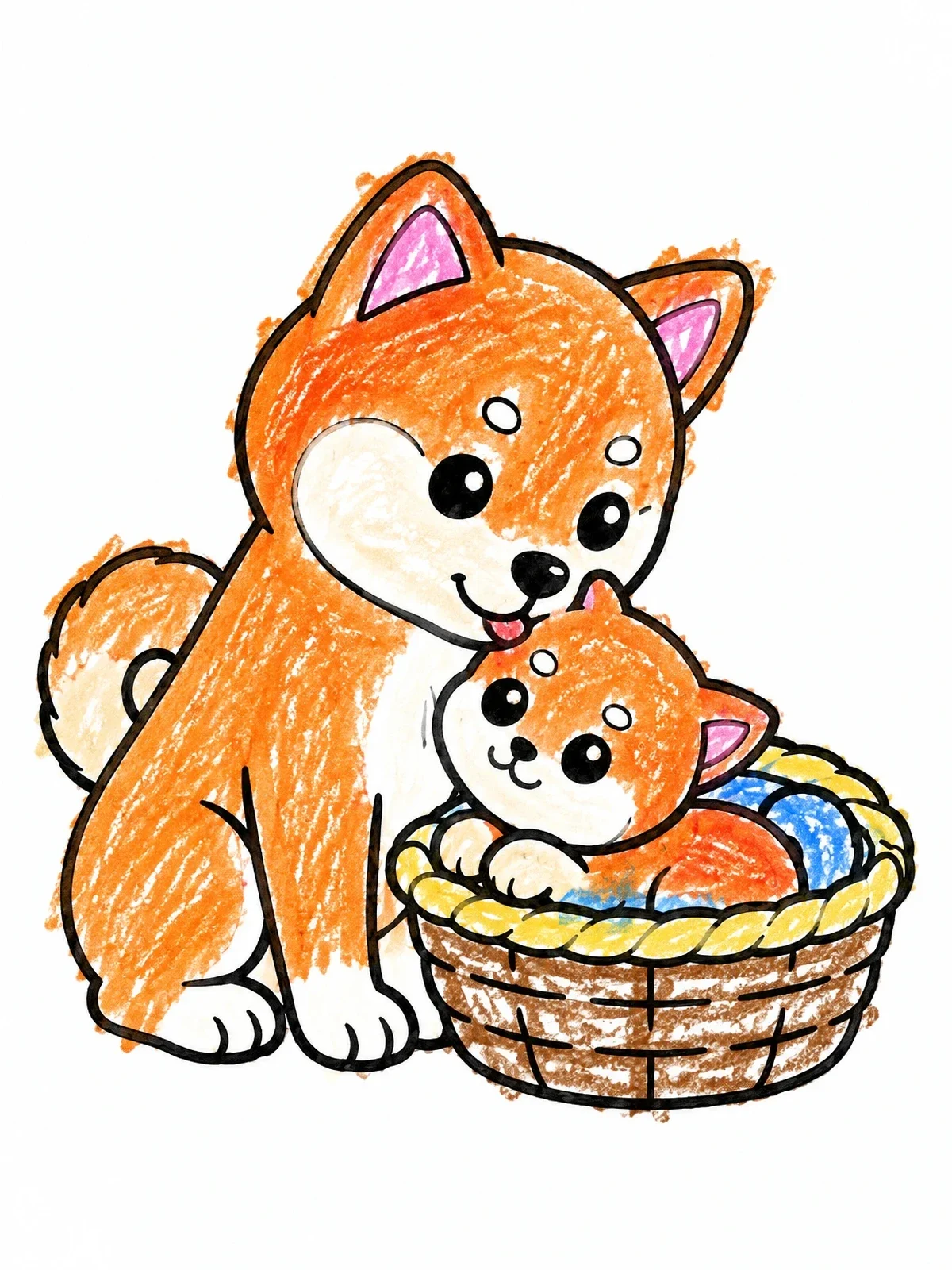 Colored example of the Mother Shiba Inu With Puppy In Basket coloring page