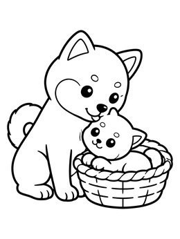 Free printable Mother Shiba Inu With Puppy In Basket coloring page