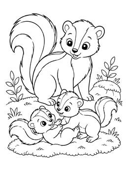 A friendly mother skunk watching two playful kits on this skunk coloring page.