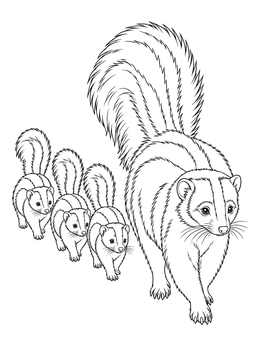 A mother skunk leading her three kits on this skunk coloring page.