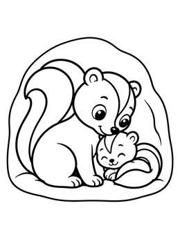A mother skunk nuzzling her sleeping baby kit in this skunk coloring page.