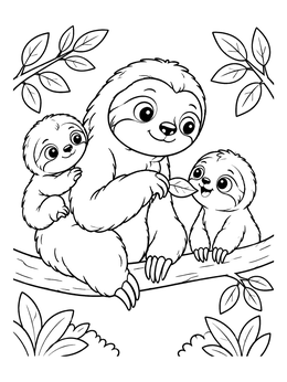 A mother and babies feature in this cute sloth coloring page on a tree branch.