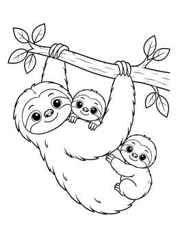 A sweet mother sloth hanging on a tree branch with two babies on this sloth coloring page.