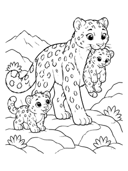 Free printable Mother Snow Leopard With Cubs coloring page