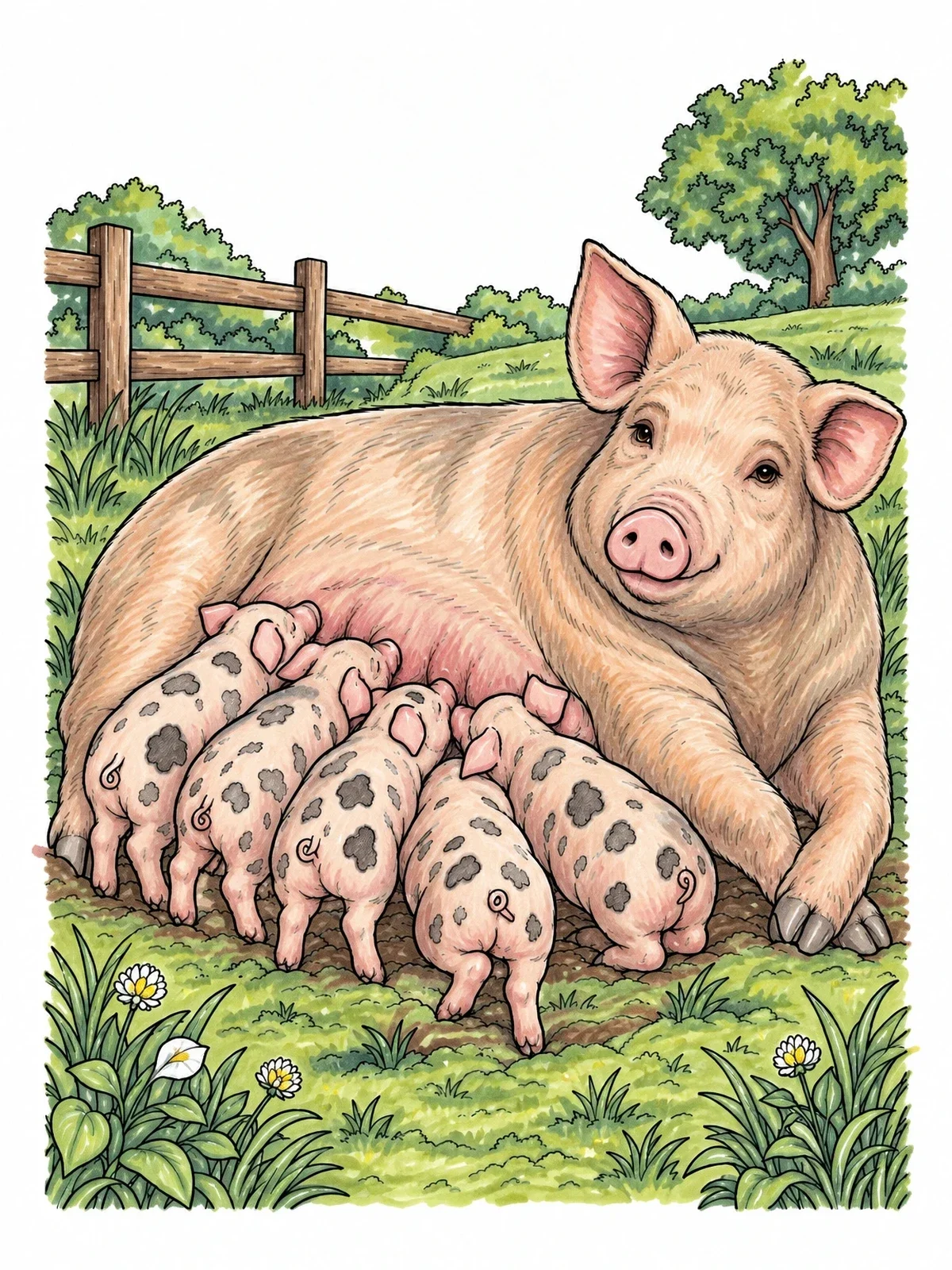 Colored example of the Mother Sow With Nursing Piglets coloring page
