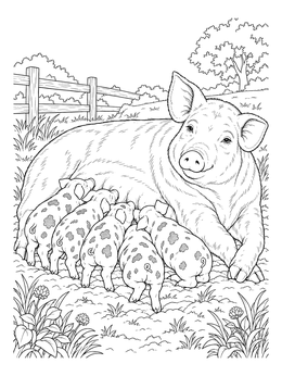 A mother sow rests on a pasture as spotted piglets nurse in this pig coloring page.