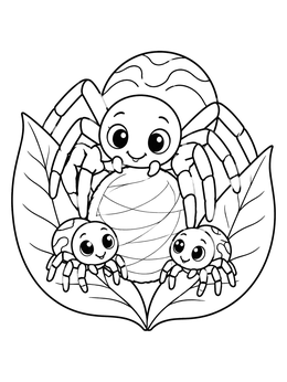 A cute spider coloring page featuring a mother spider, her egg sac, and two little spiderlings on leaves.