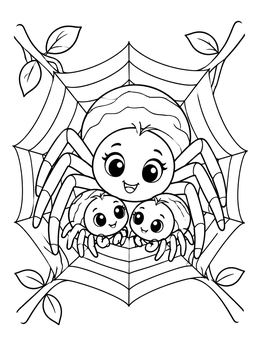A sweet spider coloring page showing a mother spider and her two babies in a web.