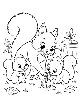 A mother squirrel nudges a cracked nut toward her kits in this squirrel coloring page.