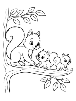 A mother leading her two little kits along a branch in this squirrel coloring page.