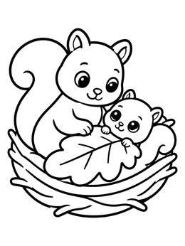A cute mother and baby on this sweet squirrel coloring page resting in a cozy nest.