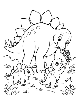 A sweet stegosaurus coloring page showing a mother dinosaur sharing a fern with her babies.