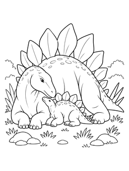 Gentle stegosaurus coloring page showing a mother dinosaur resting peacefully beside her cute little baby.