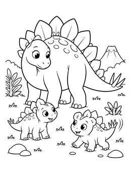 A mother dinosaur watches her little ones in this cute stegosaurus coloring page.