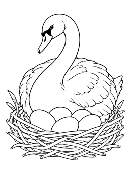 A graceful mother swan guards four eggs in this swan coloring page.
