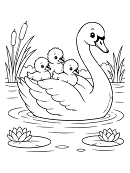 Free printable Mother Swan With Cute Cygnets coloring page