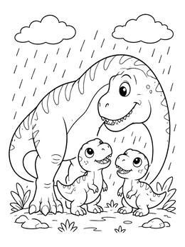 A friendly mother dinosaur shields two cute babies from rain in this t rex coloring page.