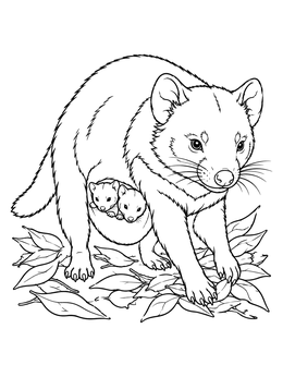 A mother tasmanian devil coloring page showing two joeys resting safely in her pouch among leaves.