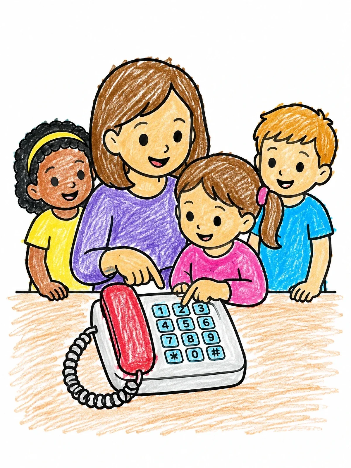 Colored example of the Family Learning To Dial Landline Phone coloring page