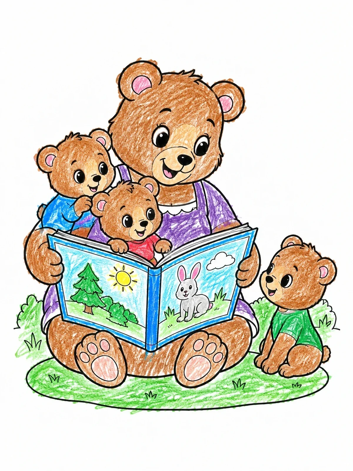 Colored example of the Mother Teddy Bear Reading To Cubs coloring page