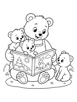 Mother and baby cubs in a cozy teddy bear coloring page reading a big picture book.