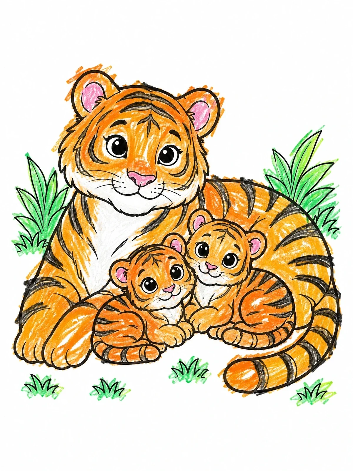 Colored example of the Mother Tiger Resting With Cubs coloring page