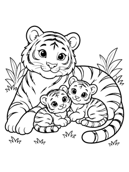 A friendly mother tiger relaxing beside two cute cubs on this tiger coloring page.
