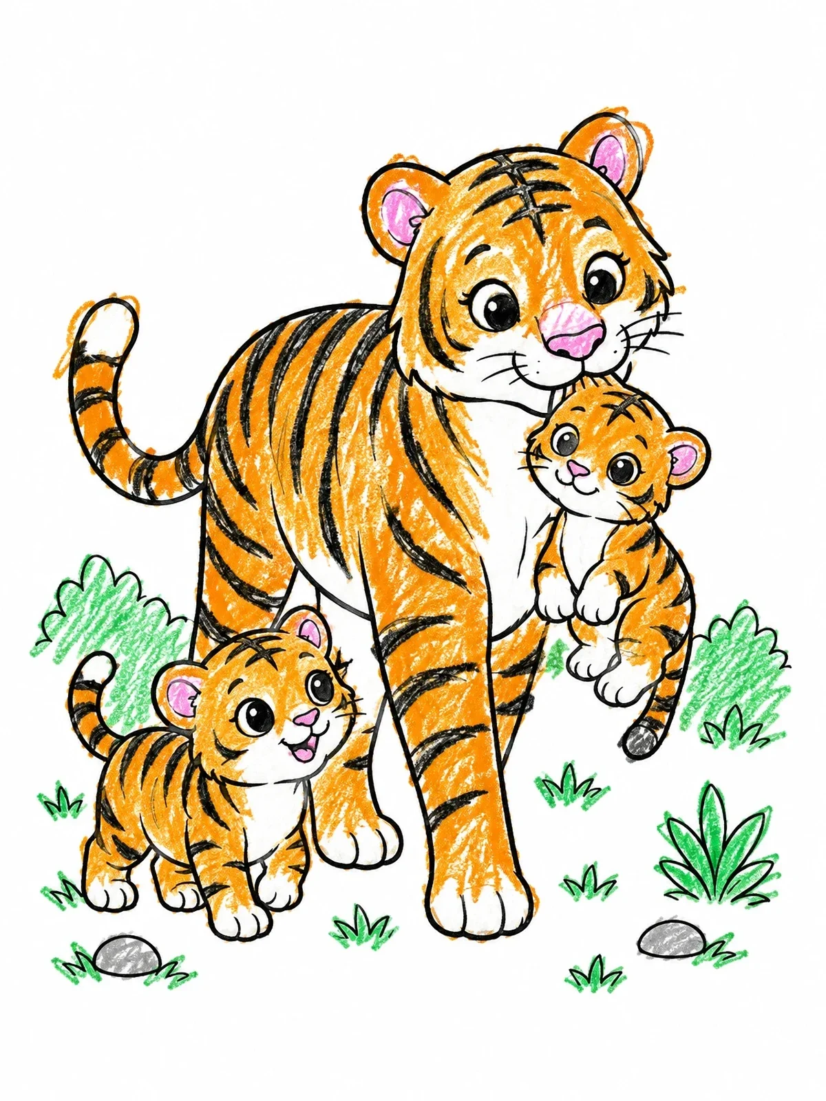 Colored example of the Mother Tiger With Cute Cubs coloring page