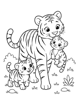 A gentle mother carrying one cub in this tiger coloring page alongside another cub.