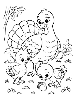 A mother turkey watching her two little poults discover an acorn in this cute turkey coloring page.
