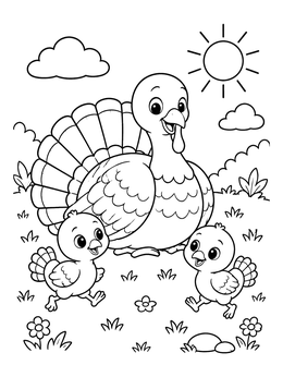 A cheerful mother bird rests with chicks in this sunny turkey coloring page.