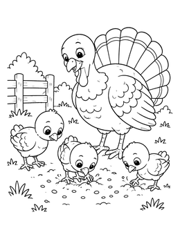 A sweet turkey coloring page showing a mother turkey watching three small poults peck for seeds.