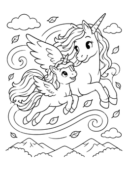 A mother and foal soar in the sky on this unicorn coloring page.