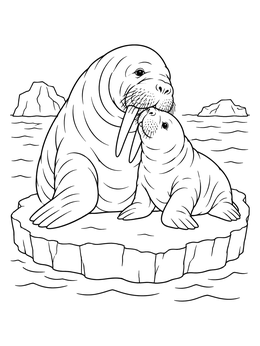 A mother and baby walrus rest on an ice floe in this walrus coloring page.