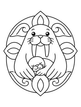 A cute mother walrus holding her sleeping pup in this sweet walrus coloring page.