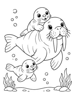 Free printable Mother Walrus Swimming With Calves coloring page