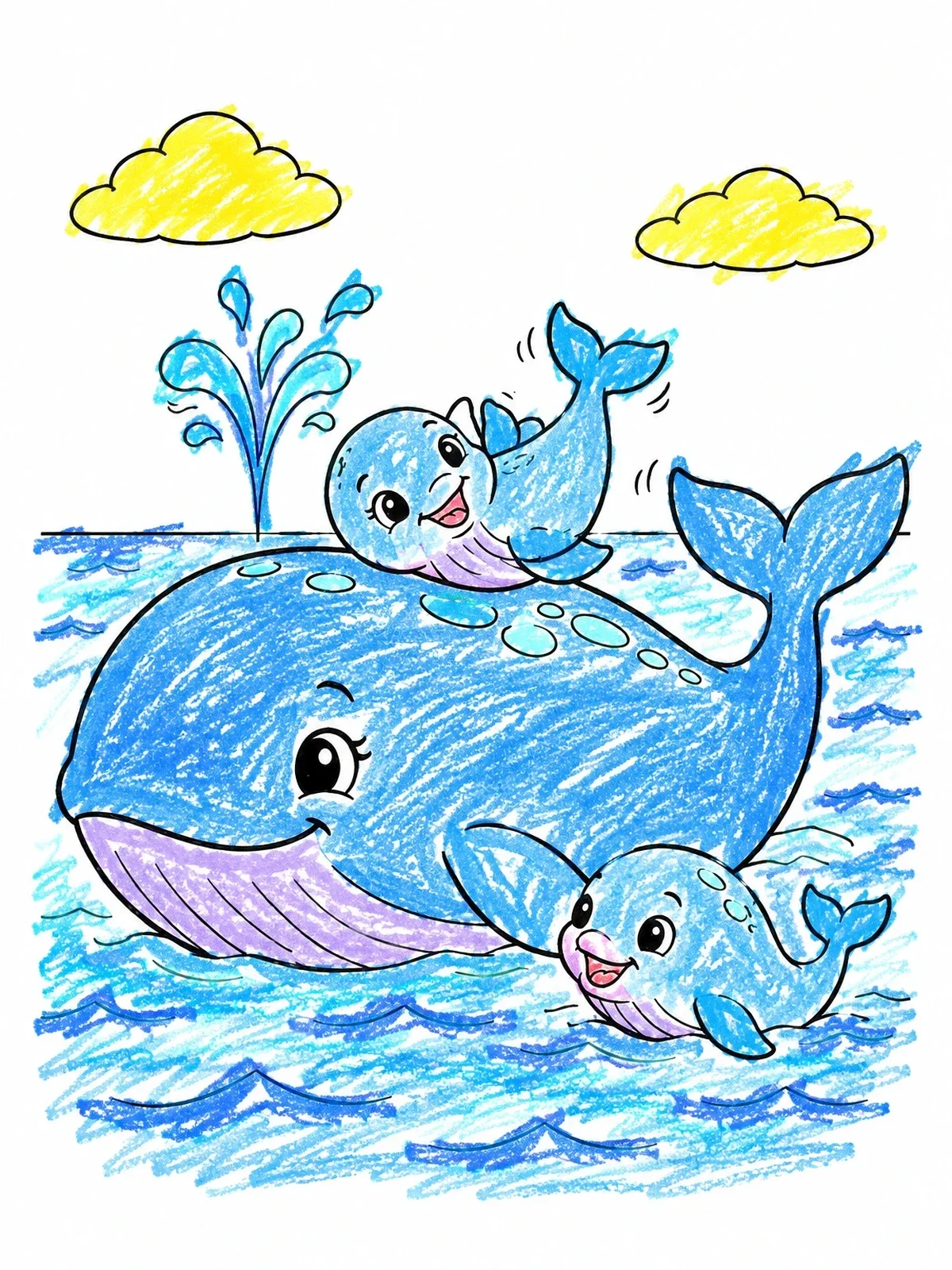 Colored example of the Mother Whale With Two Playful Calves coloring page