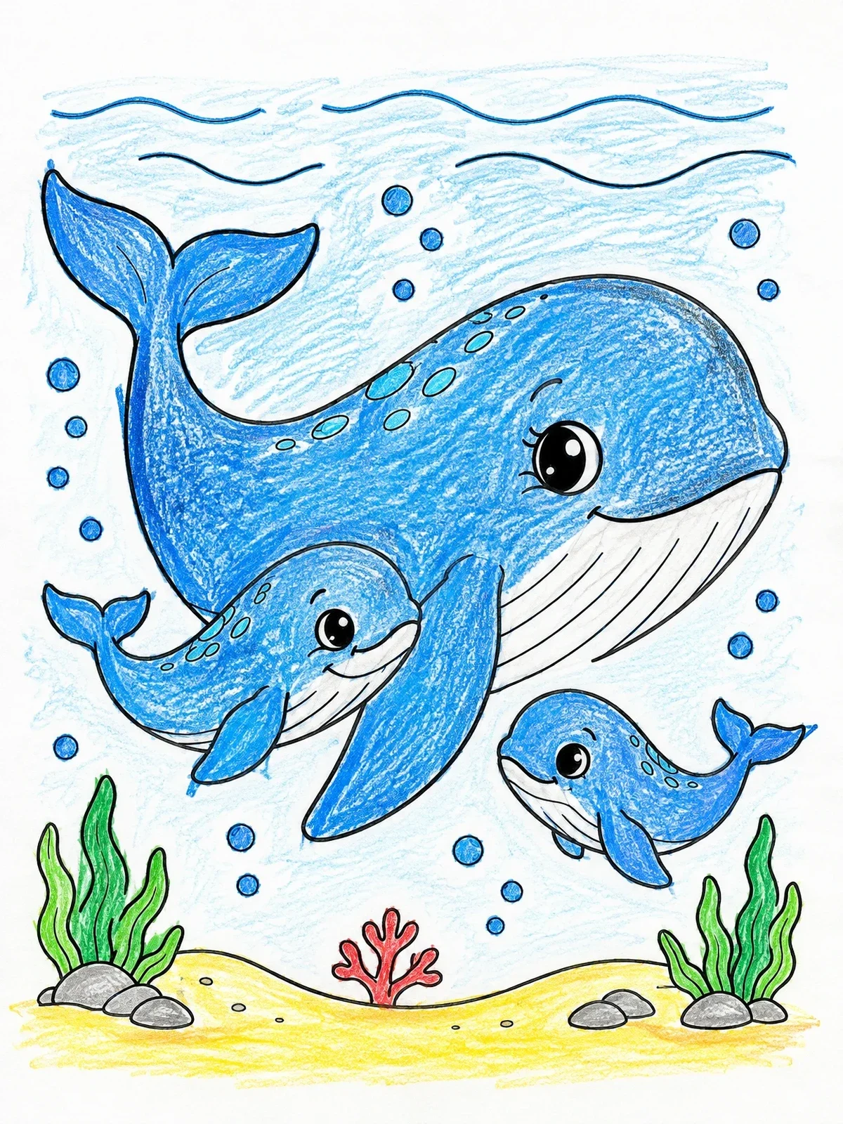Colored example of the Mother Whale With Two Calves coloring page