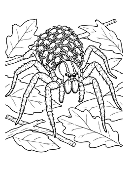 A detailed spider coloring page featuring a mother wolf spider carrying tiny spiderlings among leaves.