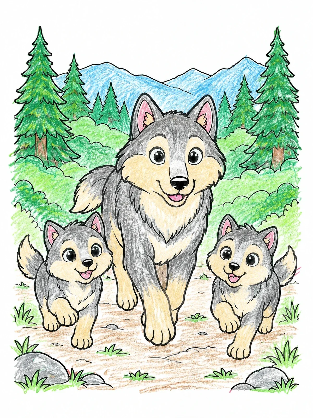 Colored example of the Mother Wolf With Cute Pups coloring page