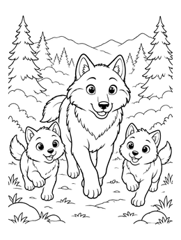 A cheerful mother wolf and two pups walk along a trail in this wolf coloring page.