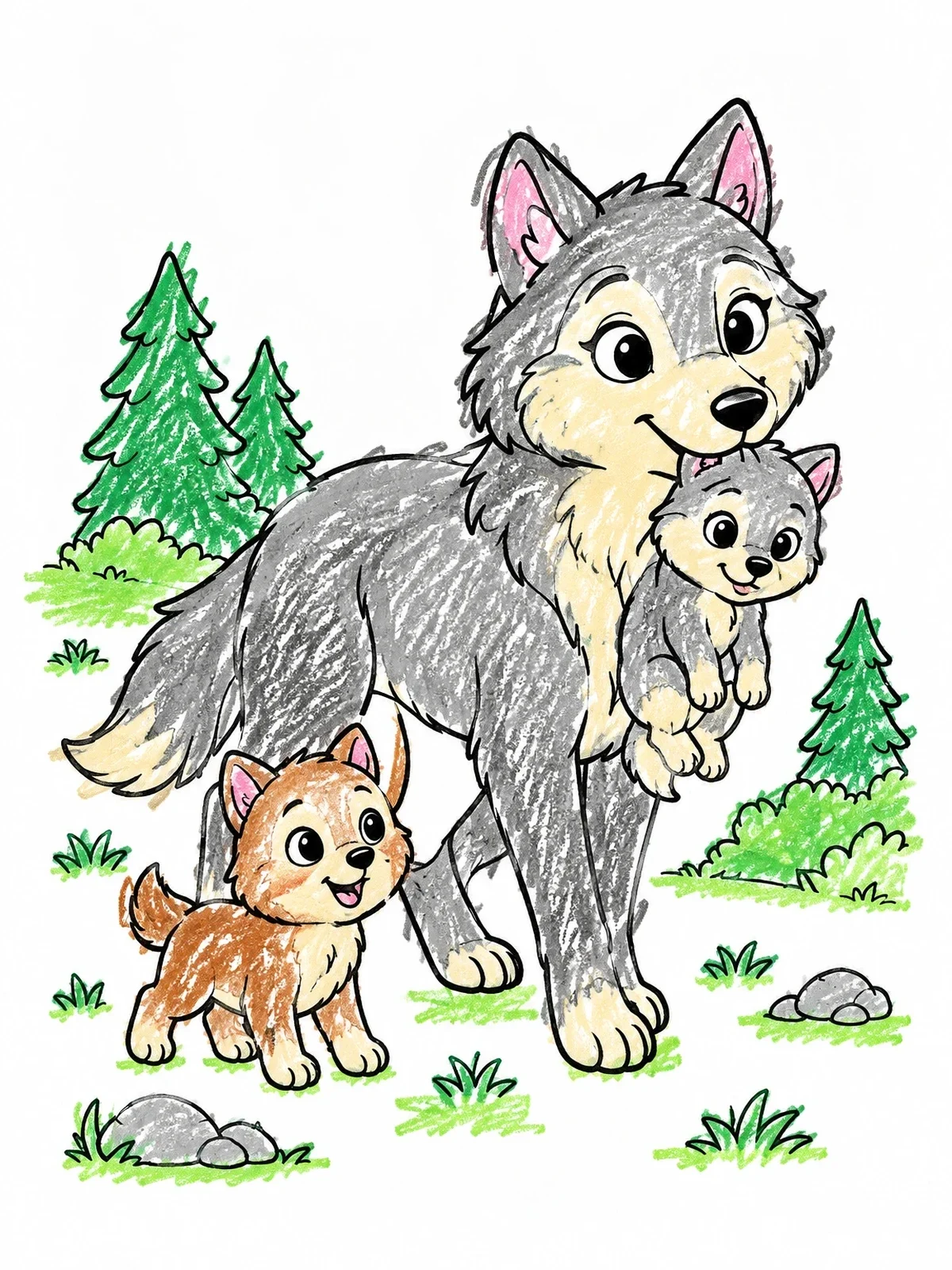 Colored example of the Mother Wolf With Cute Pups coloring page
