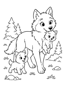 A mother carrying her pup on this lovely wolf coloring page in a forest.
