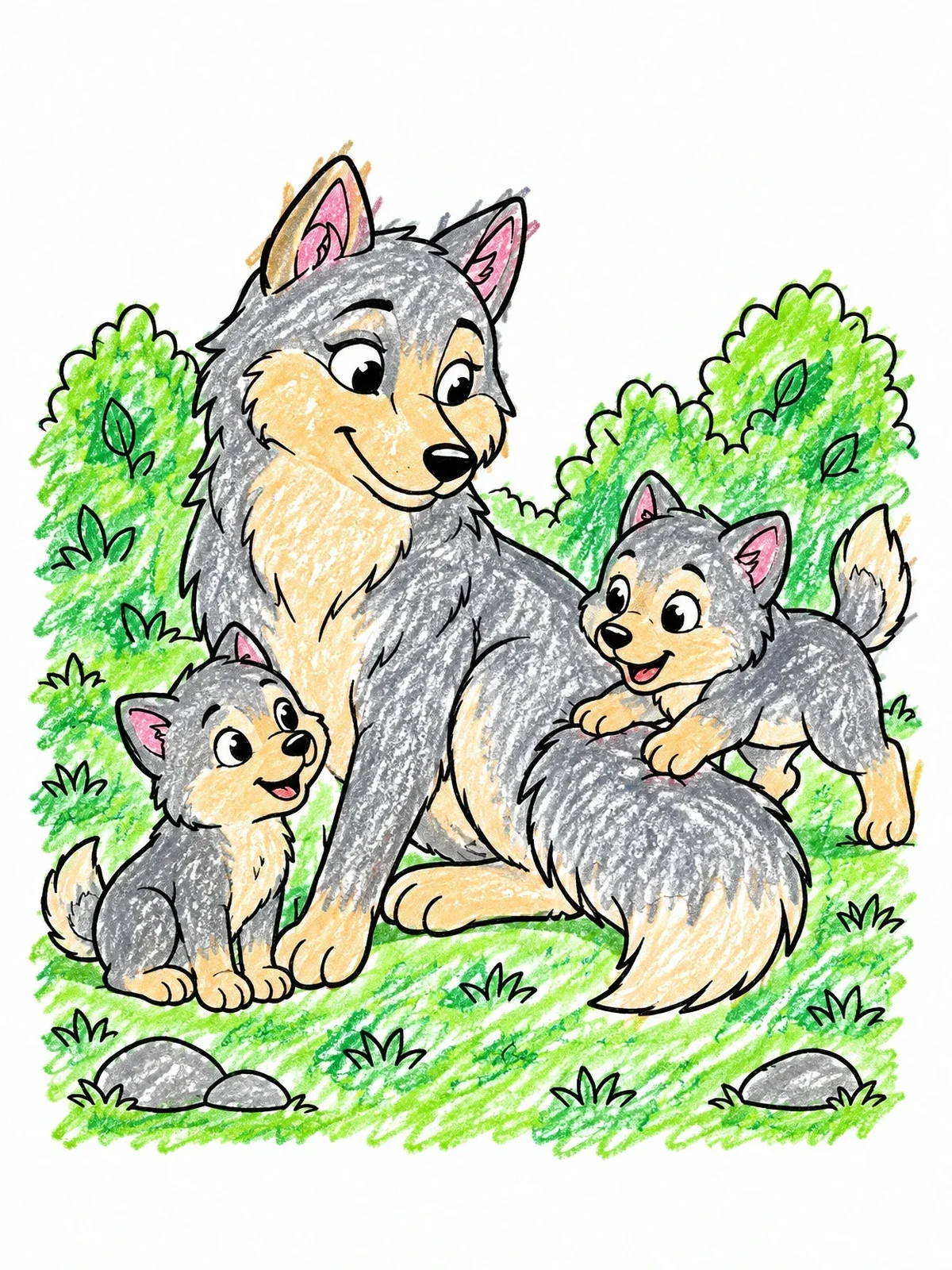 Colored example of the Mother Wolf With Playful Pups coloring page