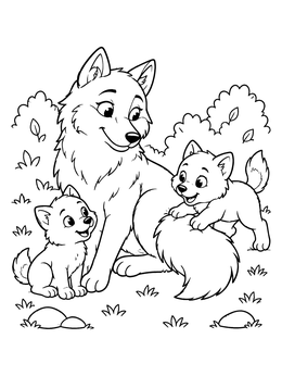 A cheerful mother wolf surrounded by two playful cubs on this cute wolf coloring page.