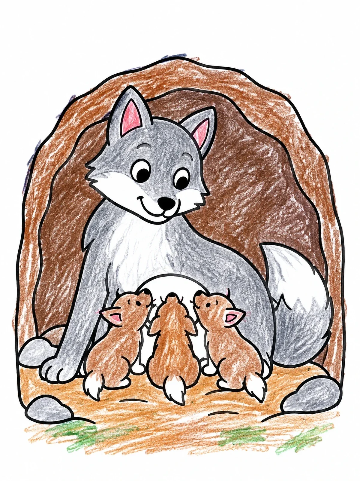 Colored example of the Mother Wolf With Pups In Den coloring page