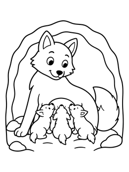 A mother wolf caring for her three little pups inside a cozy den in this wolf coloring page.
